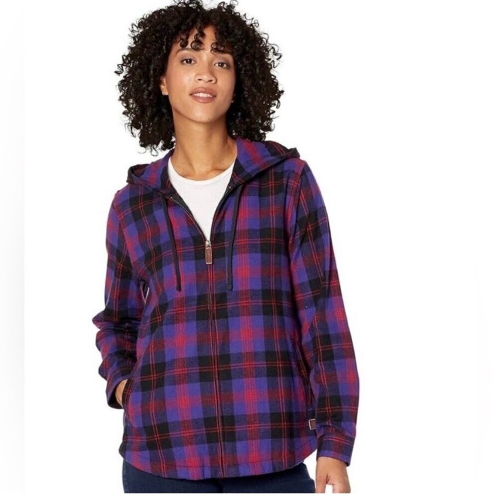 L.L. Bean Scotch Plaid Flannel Relaxed Zip Hoodie Shirt Small Women Plaid Purpl